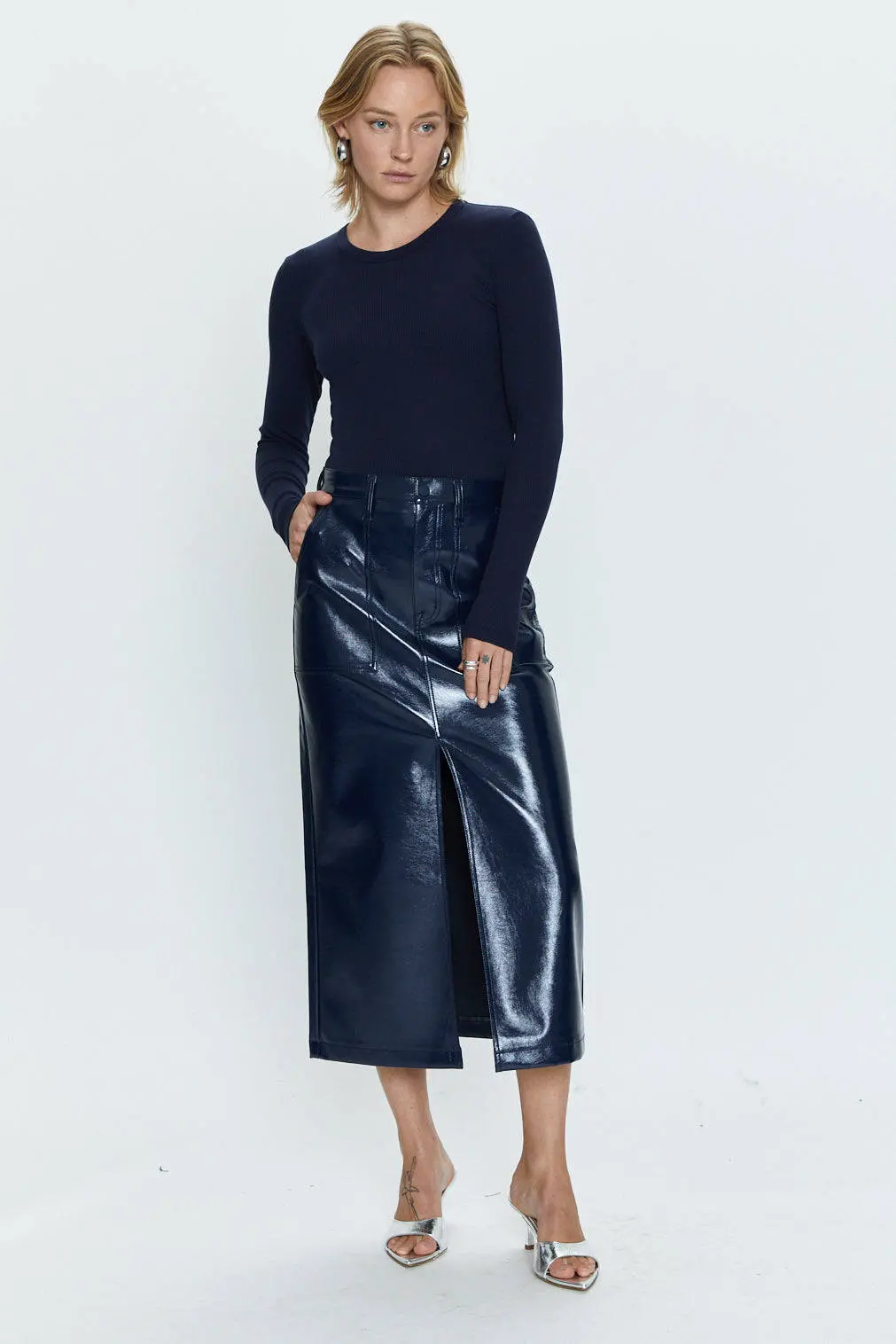 Pistola Alice Utility Midi Skirt In Navy Vinyl 1