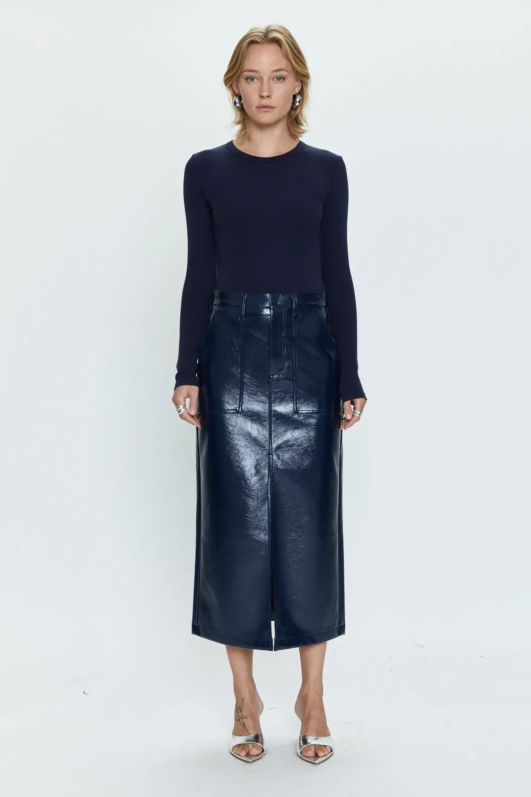 Pistola Alice Utility Midi Skirt In Navy Vinyl 5