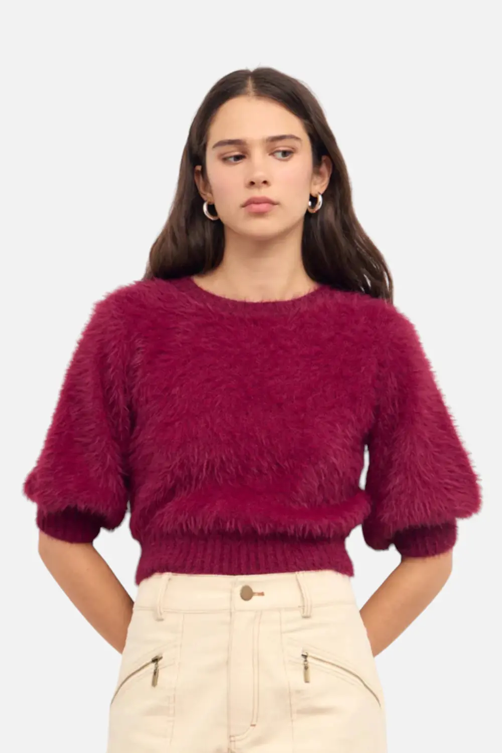 Minkpink Women's Alva Fluffy Cropped Knit Sweater In Wine 1