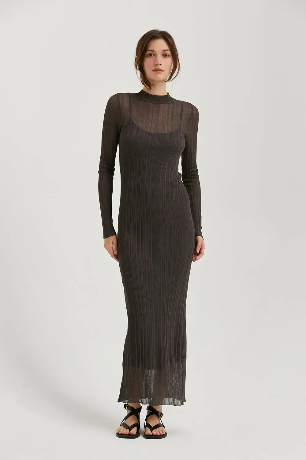 Crescent Amara Mock Neck Maxi Sheer Dress In Black 1