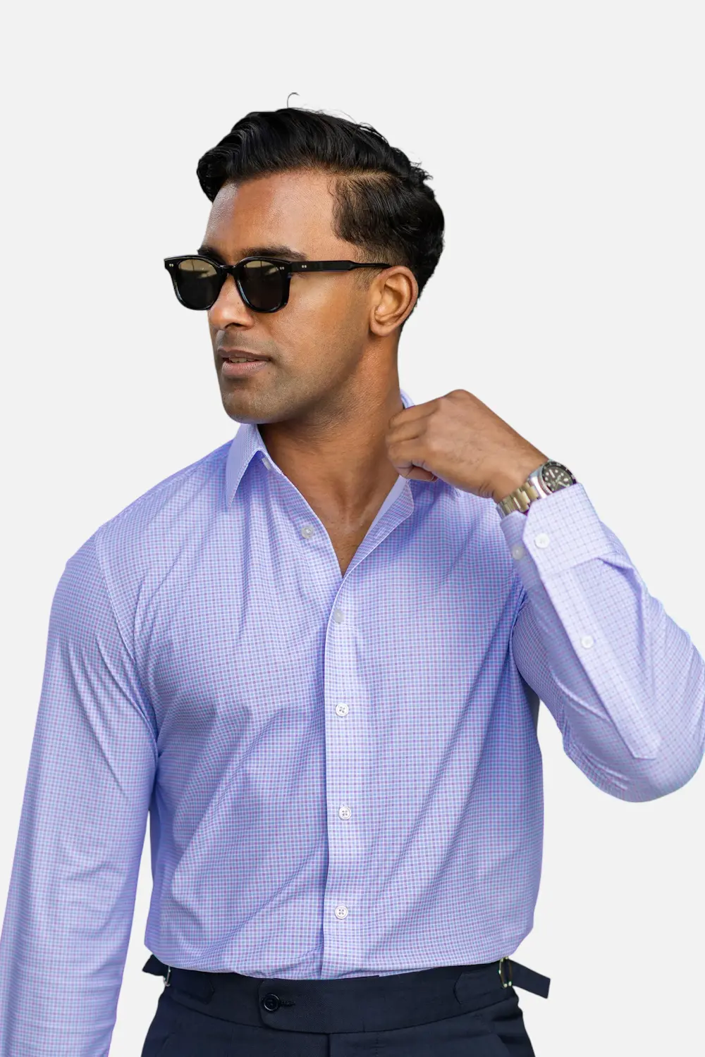Collars & Co Men's Apex Performance Dress Shirt In Lavender & Blue Gingham 1