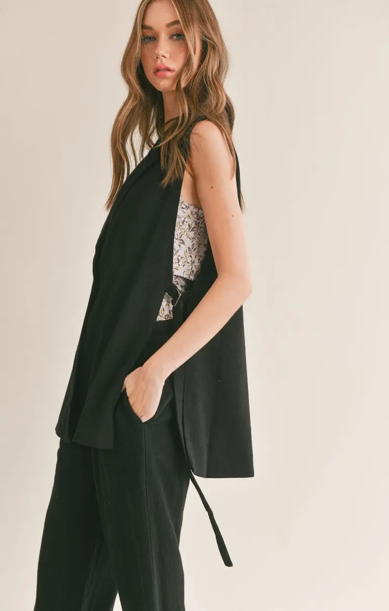 Sage The Label At Ease Linen Blend Side Belted Blazer In Black 2