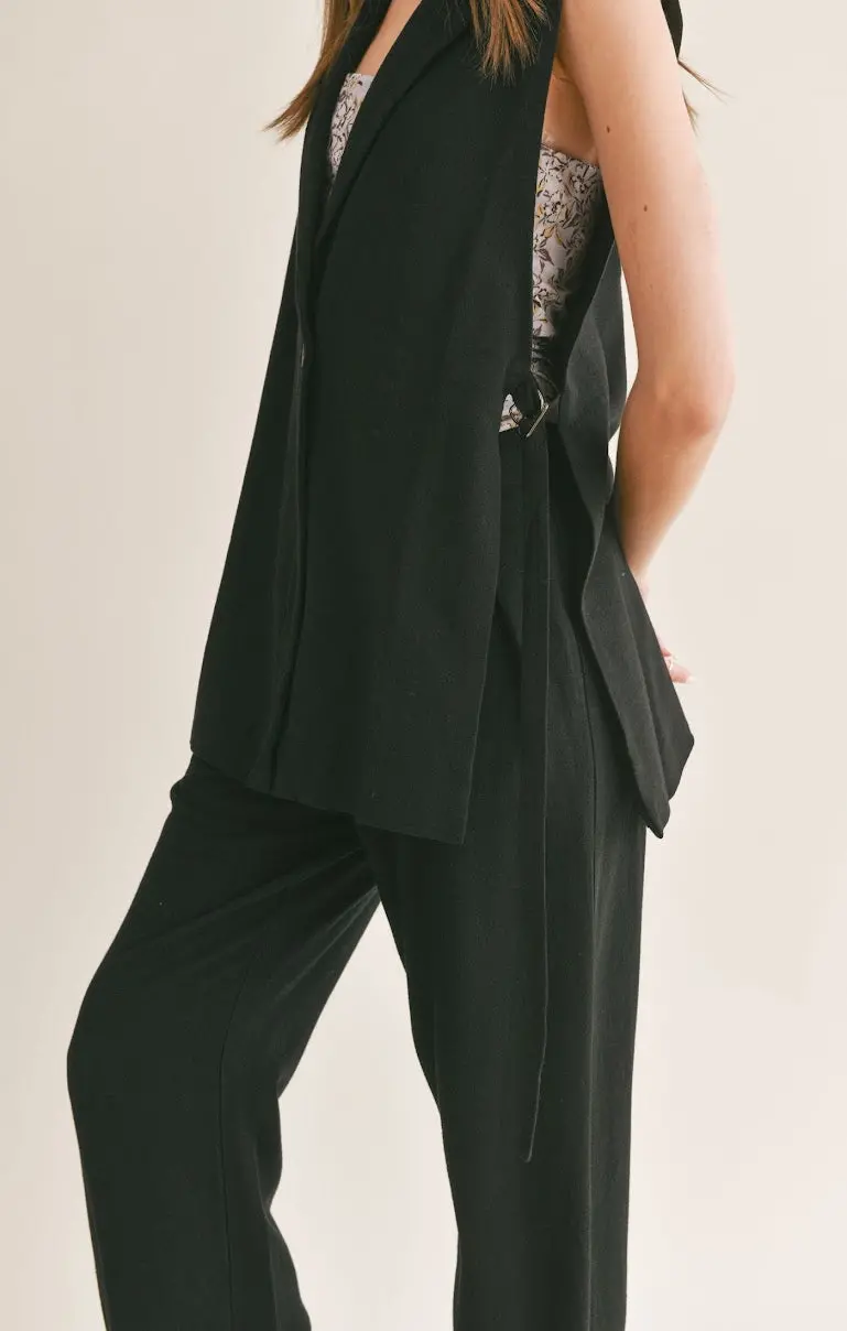 Sage The Label At Ease Linen Blend Side Belted Blazer In Black 3
