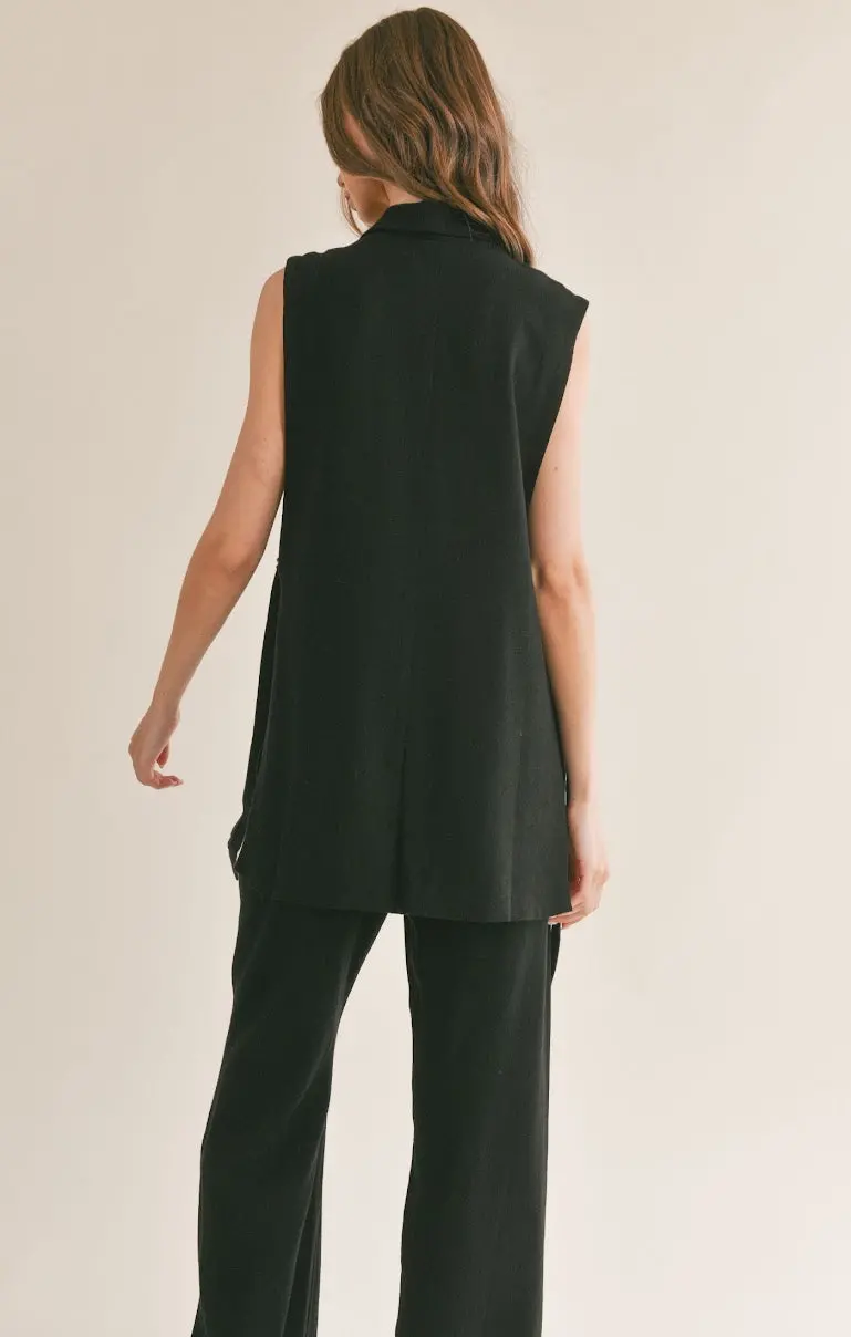 Sage The Label At Ease Linen Blend Side Belted Blazer In Black 4