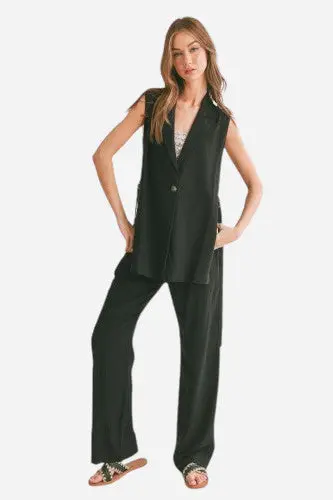Sage The Label At Ease Linen Blend Side Belted Blazer In Black 1