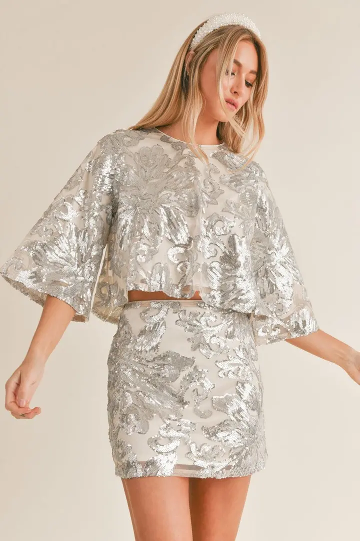 Sage The Label Aura Sequin Flare Sleeve Top In Champagne 1