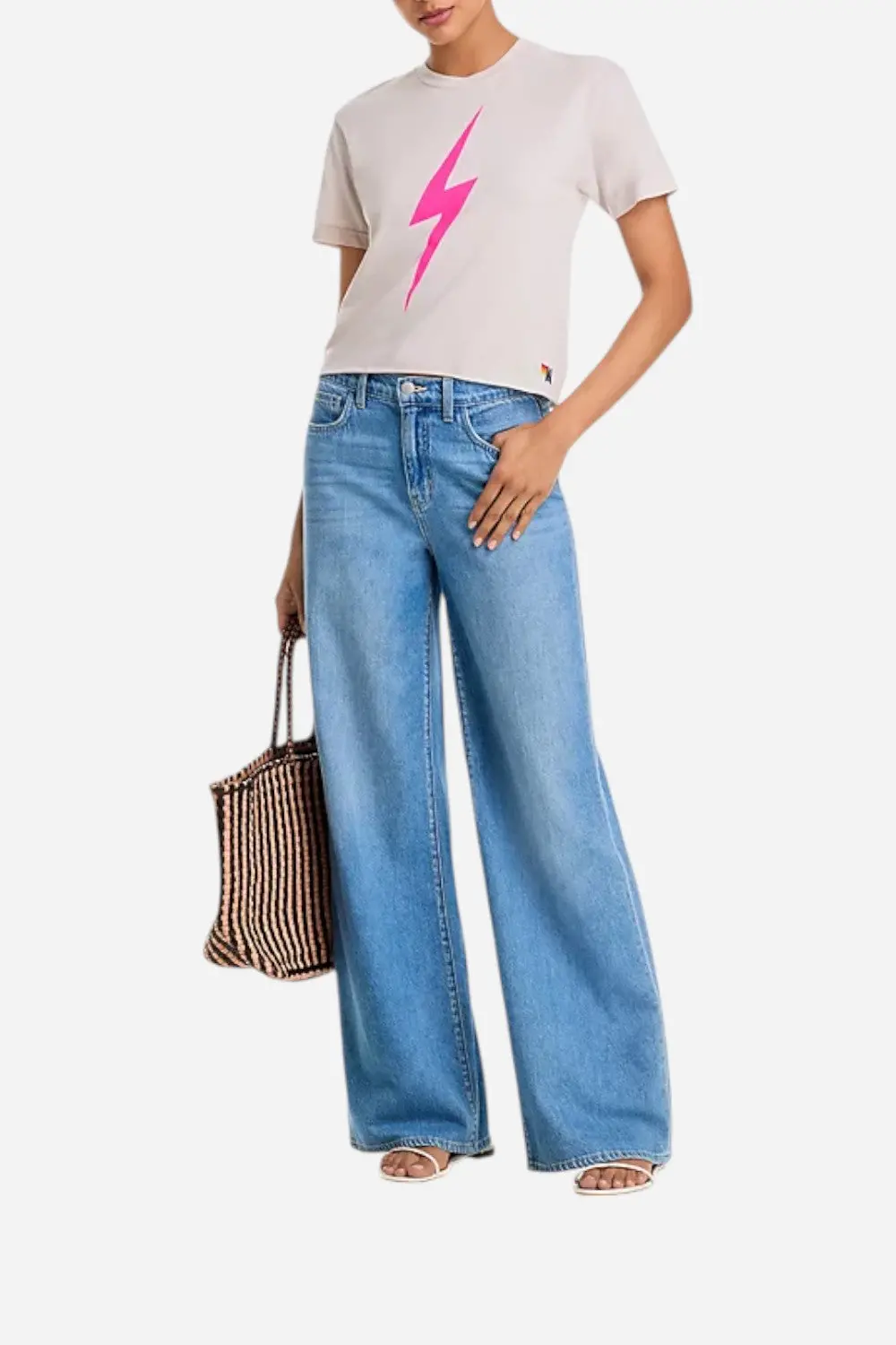 Aviator Nation Bolt Boyfriend Tee In Dove Grey/Pink 2