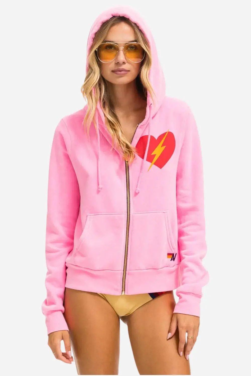 Aviator Nation Bolt Heart Zip Hoodie In Neon Pink 1