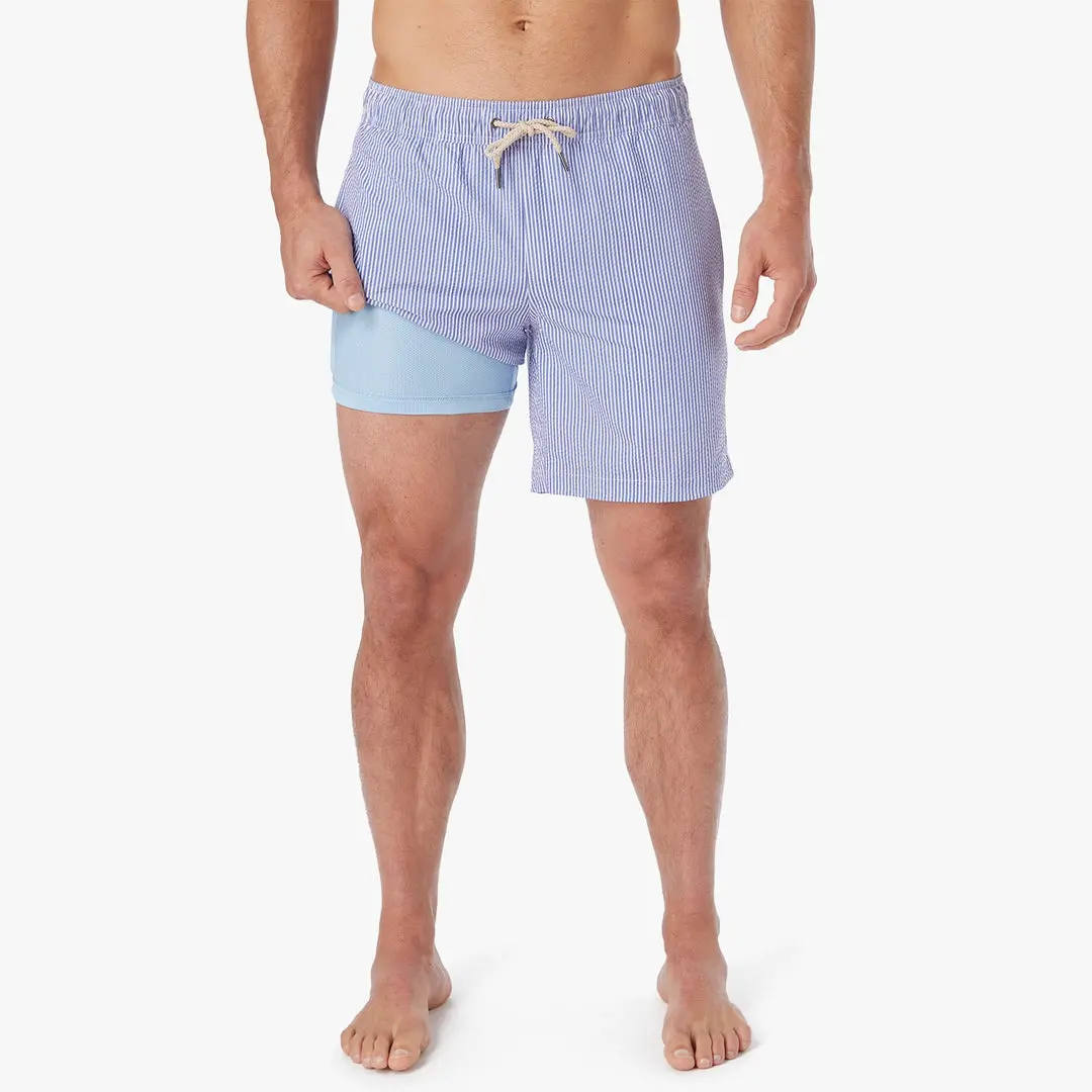 Fair Harbor Bayberry Swim Trunks In Light Blue Seersucker 3