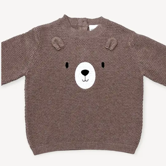 Viverano Bear Embroidered Knit Baby Pullover Sweater In Cafe Latte 2