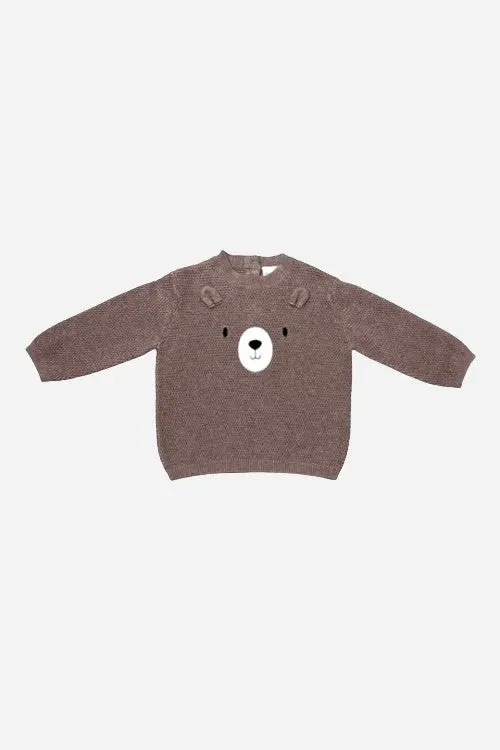 Viverano Bear Embroidered Knit Baby Pullover Sweater In Cafe Latte 1