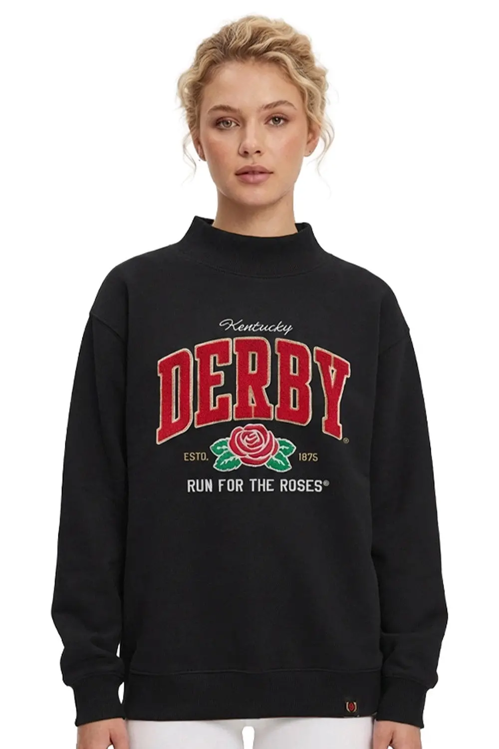 Kentucky Derby 152 Black Chenille Rose Mock Neck 1