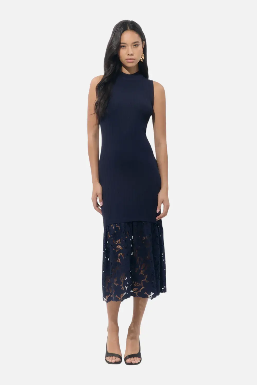Adelyn Rae Women's Brielle Mock Neck Rib Knit Lace Midi Dress In Navy 1