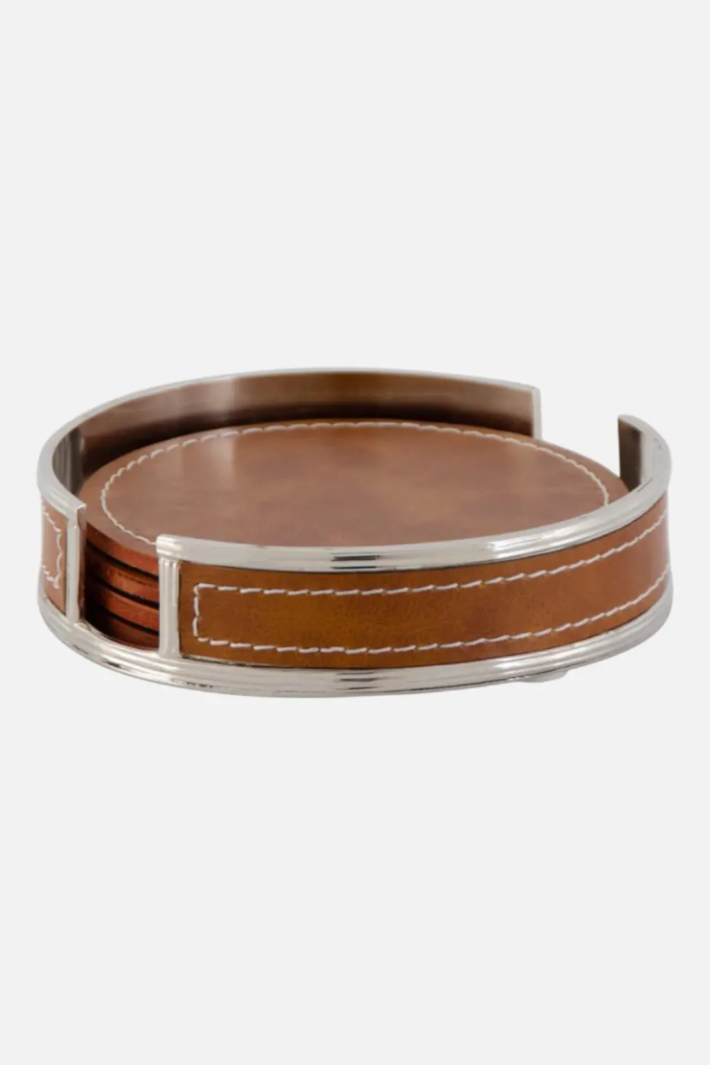 Brown Leather Coasters Set Of 4 W Silver 1