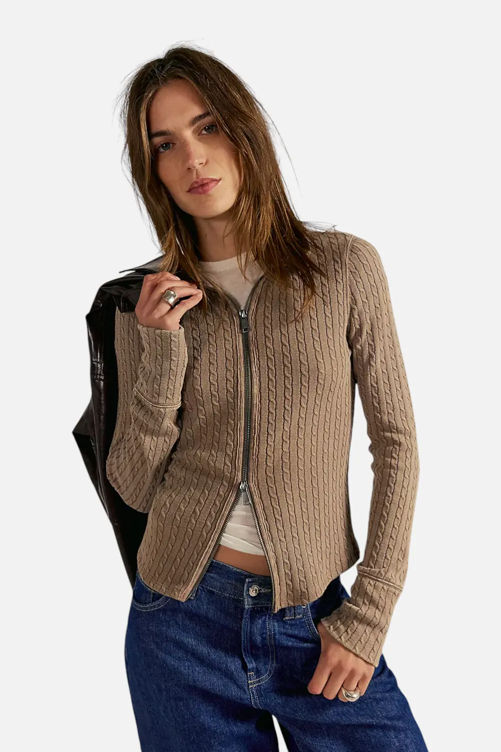 Free People Women's Brunch Girl Zip Up In Dusted Coco 1