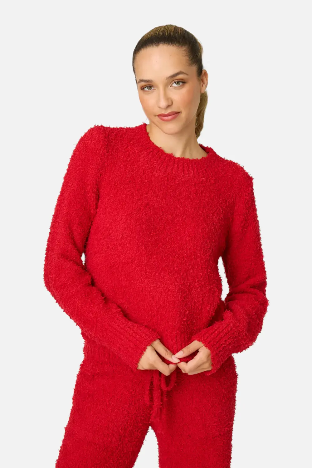 Pj Salvage Bundle Up Boucle Long Sleeve In Samba Red 1