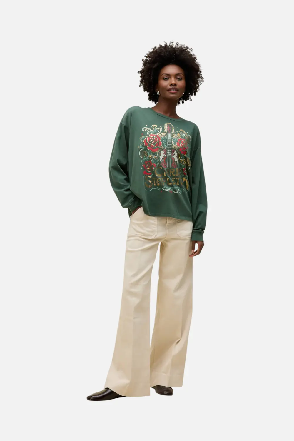 Daydreamer La Chris Stapleton Guitar & Roses Merch Long Sleeve In Deep Green 1