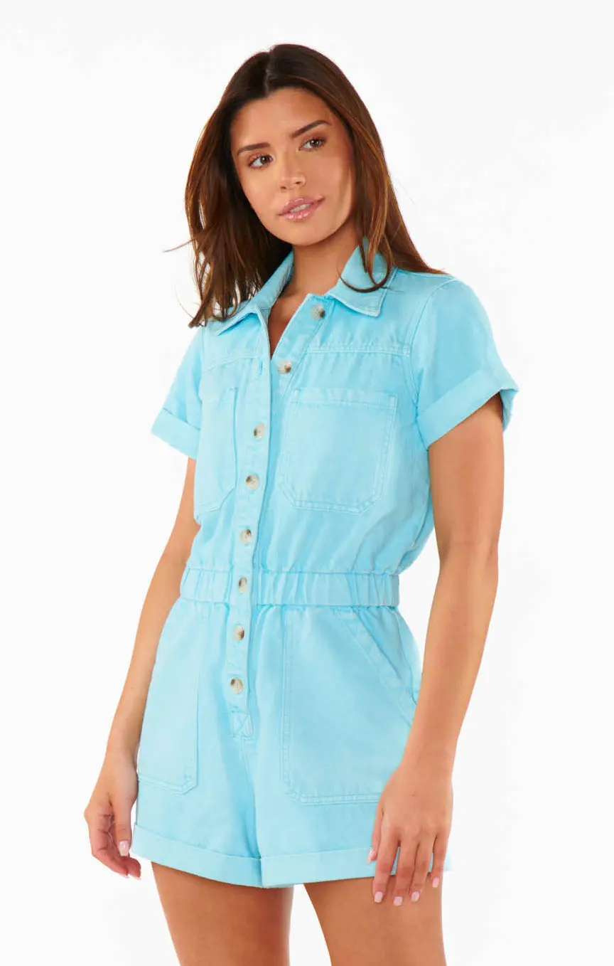 Show Me Your Mumu Cannon Romper In Spring Blue Denim 2