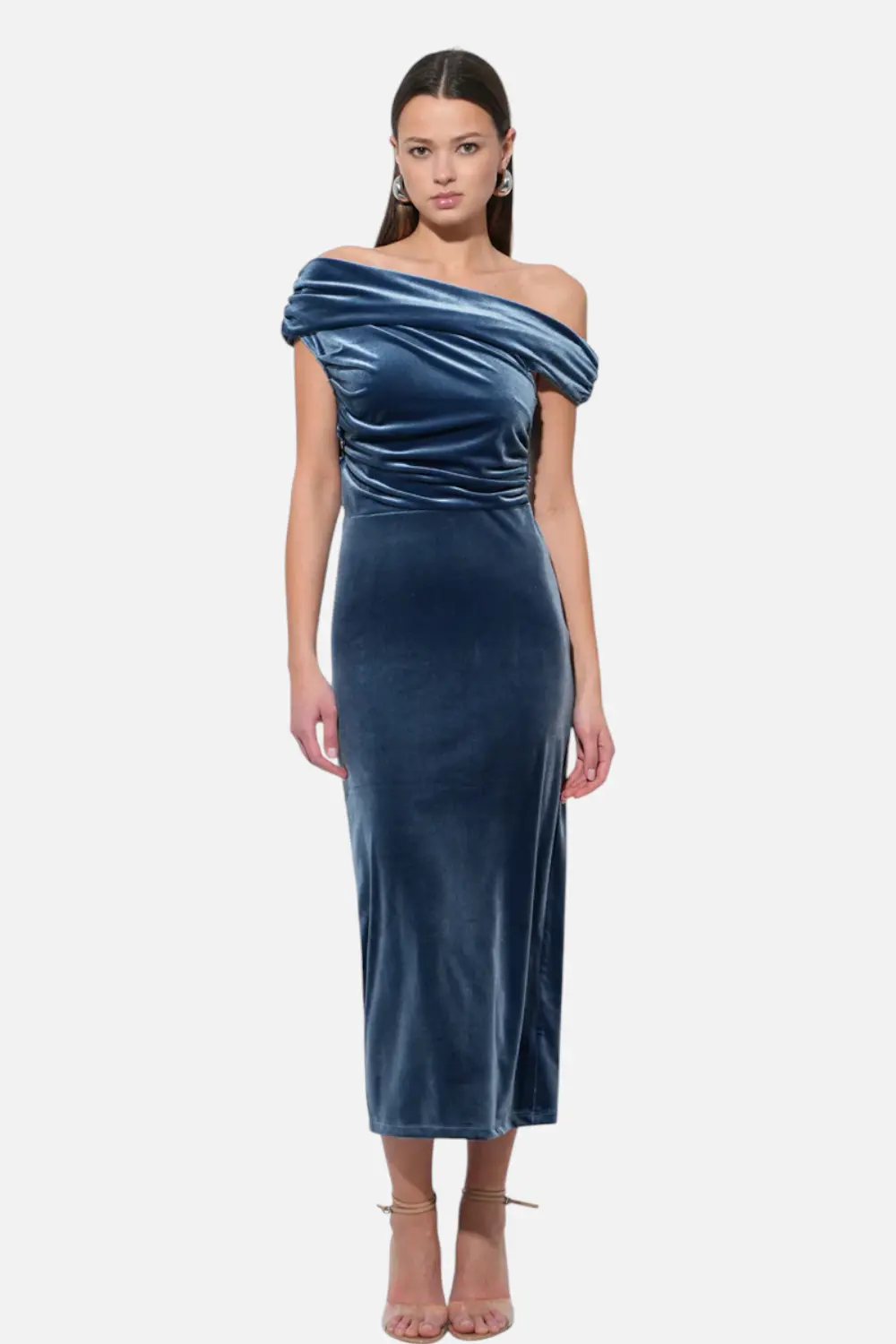 Adelyn Rae Casette Off Shoulder Velvet Midi Dress In Icy Blue 1
