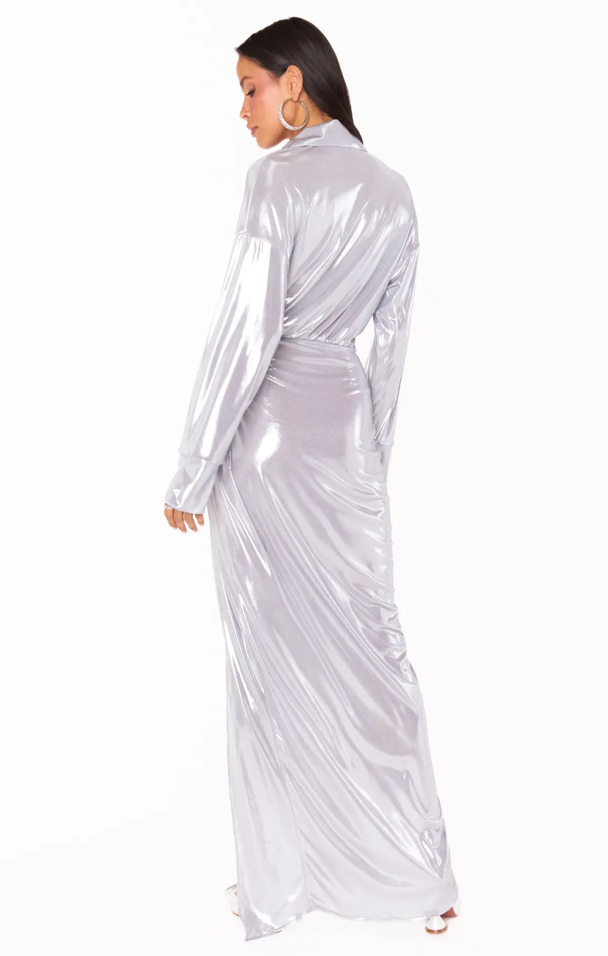 Show Me Your Mumu Clara Collared Maxi Dress In Silver Liquid Stretch 2