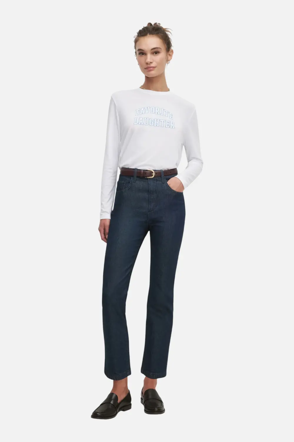 Favorite Daughter Women's Crop Collegiate Long Sleeve Tee In White & Light Blue 1