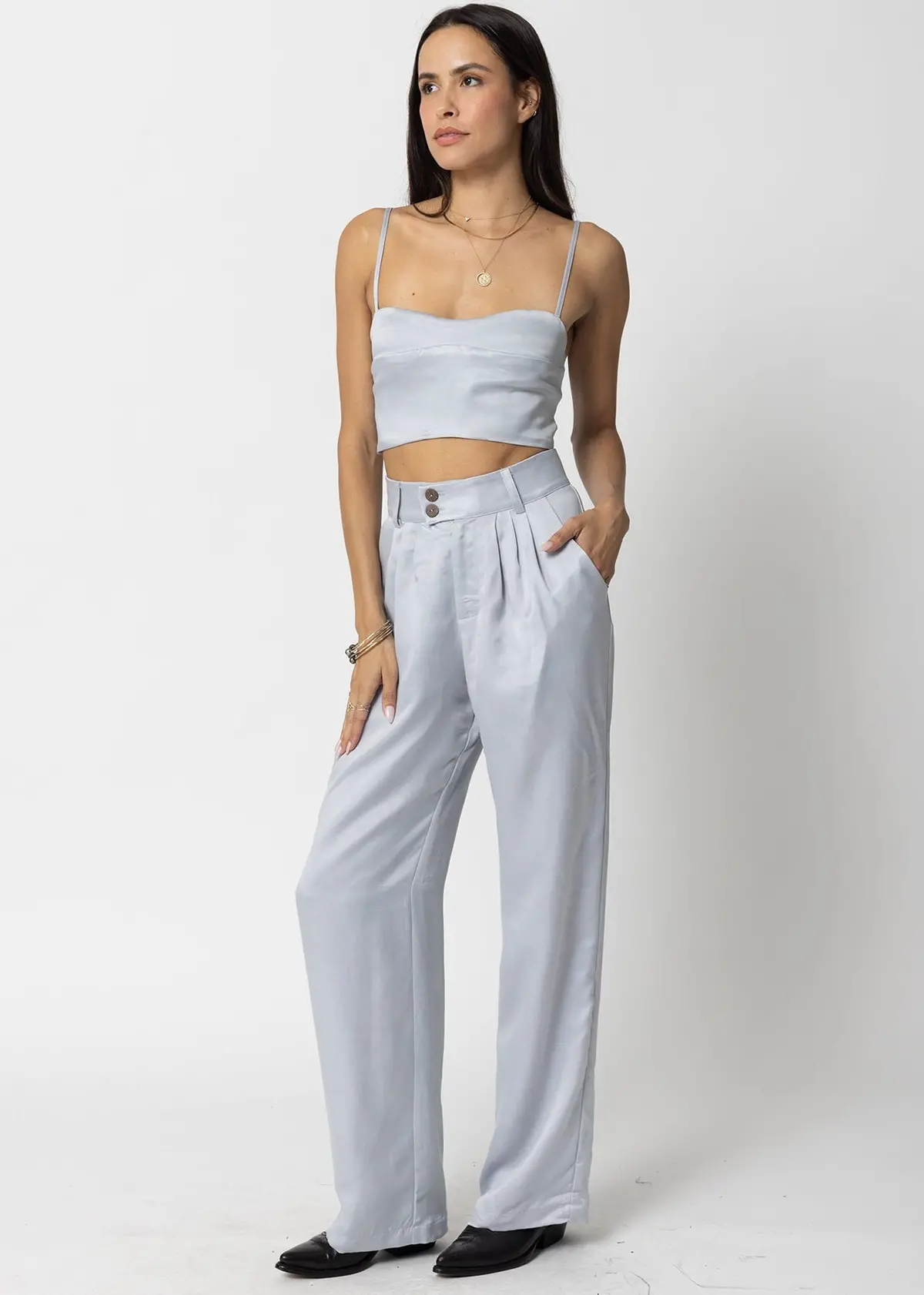 Stillwater Cupro Silky Pleated Pant In Silver 2