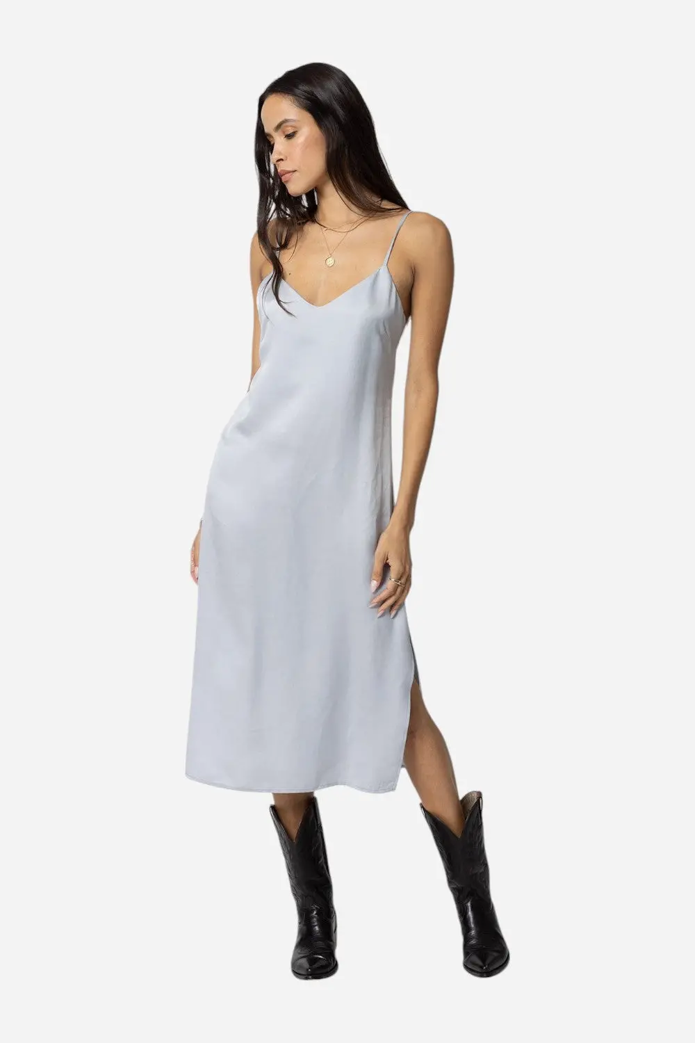 Stillwater Cupro Silky Slip Midi Dress In Silver 1