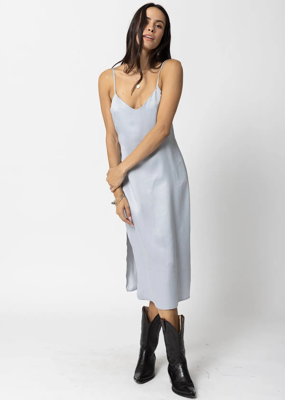 Stillwater Cupro Silky Slip Midi Dress In Silver 2