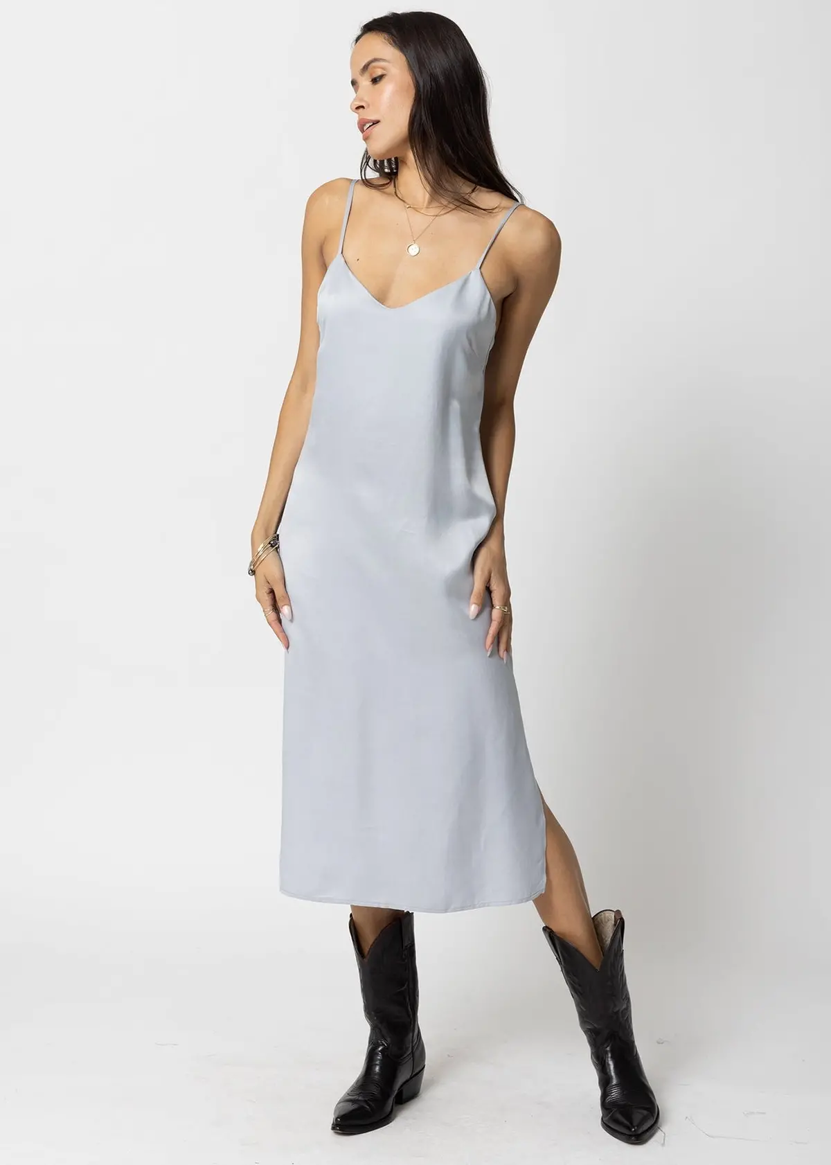 Stillwater Cupro Silky Slip Midi Dress In Silver 3