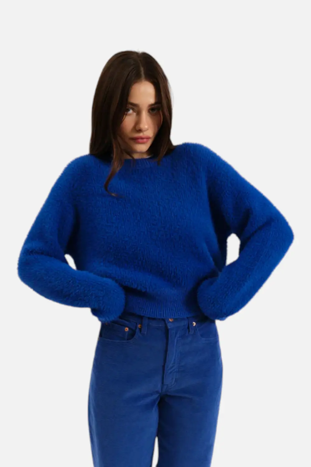 Daze Fuzz Crewneck Eyelash Sweater In Cobalt 1