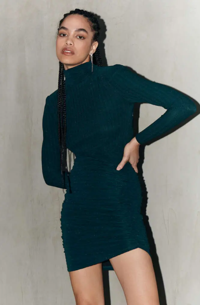 Saylor Diem Metallic Pleat Knit Mini Dress In Black Forest Green 1