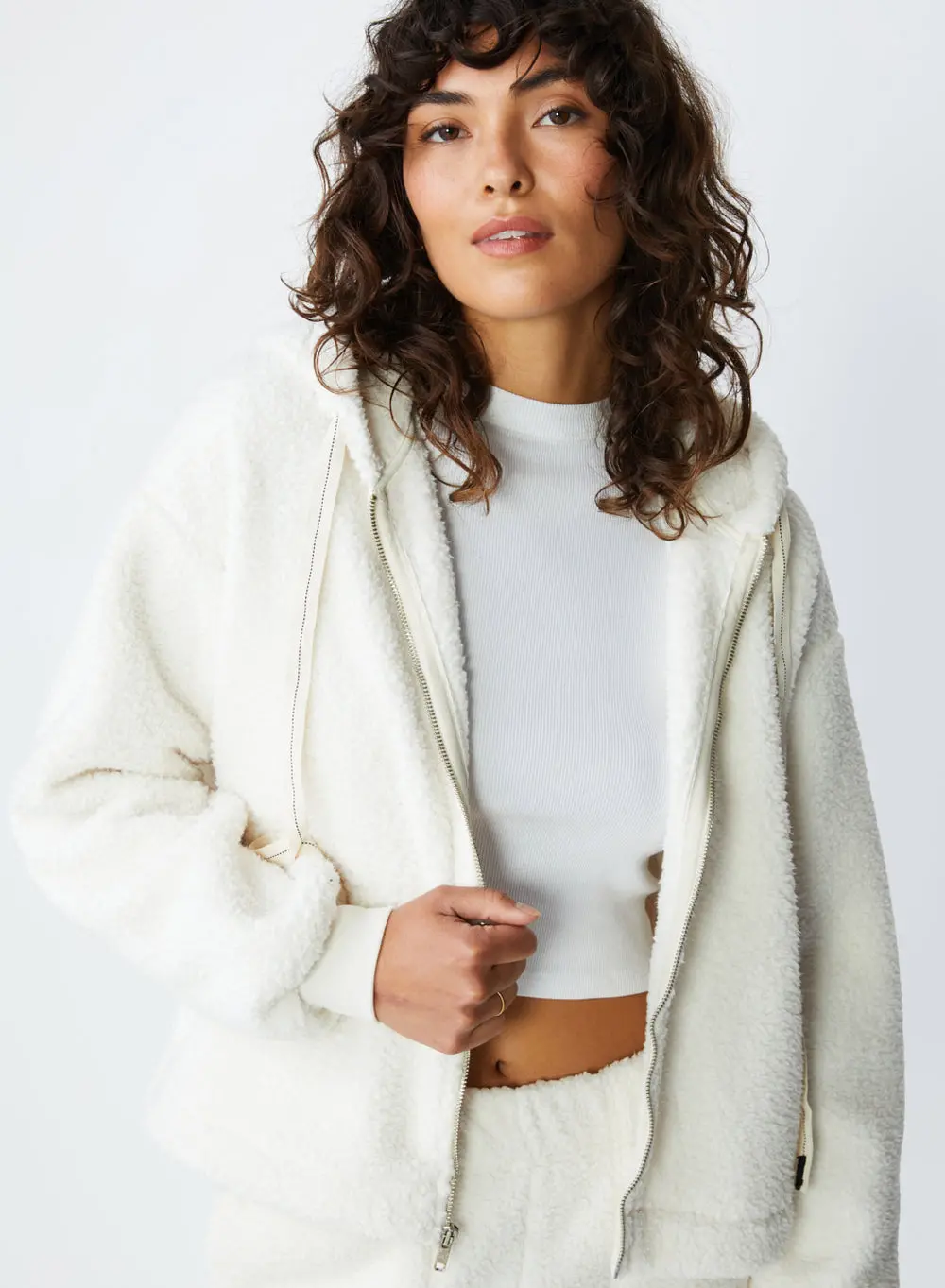 Stateside Double Face Sherpa Hooded Zip Jacket In Cream 1