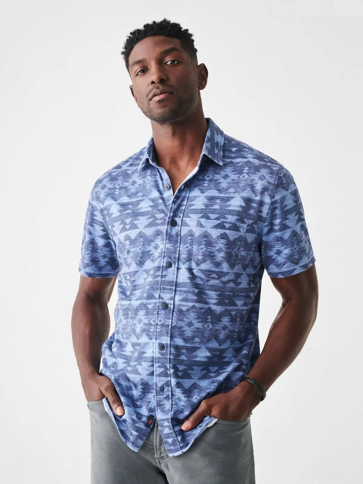 Faherty Doug Good Feather Short Sleeve Knit Seasons Shirt In Six Rivers Sky 3