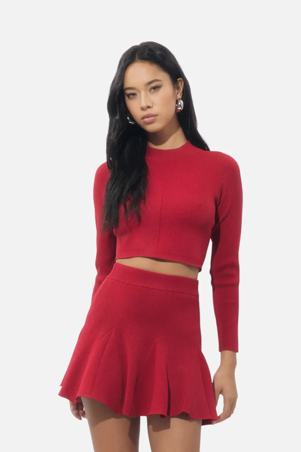 Adelyn Rae Eleanor Godets Rib Knit Mini Skirt In Red 1