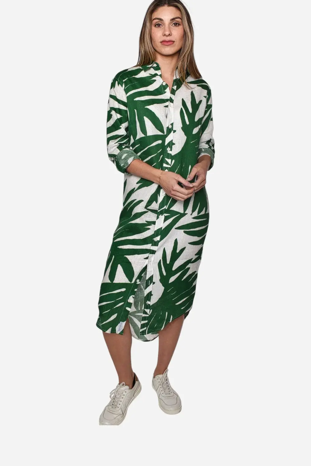 Emily Phillips Green Leaf Print Linen Girlfriend Midi Dress 1