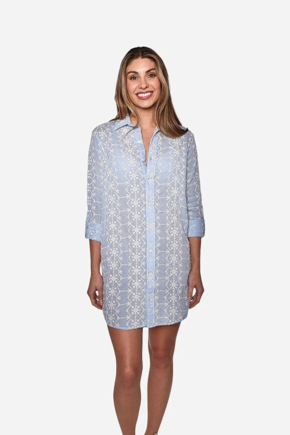 Emily Phillips Blue Cream Embroidery Cotton Girlfriend Dress 1