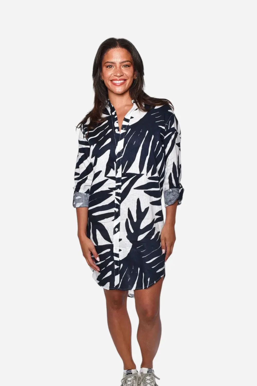 Emily Phillips Navy Leaf Print Linen Girlfriend Dress 1