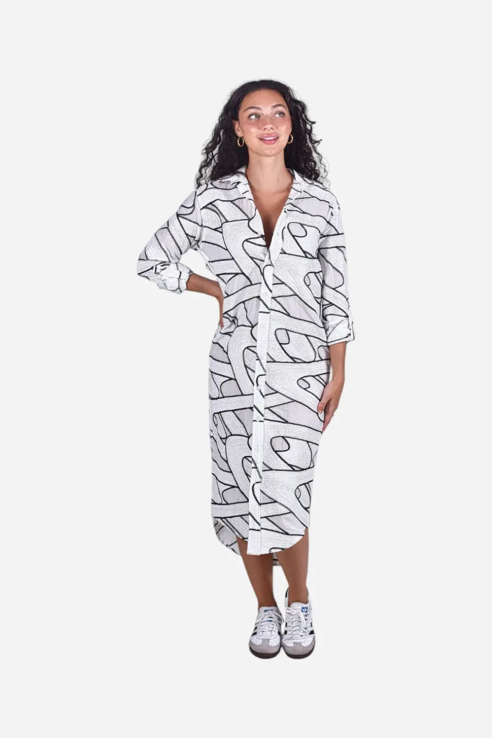 Emily Phillips White & Black Embroidery Girlfriend Midi Dress 1