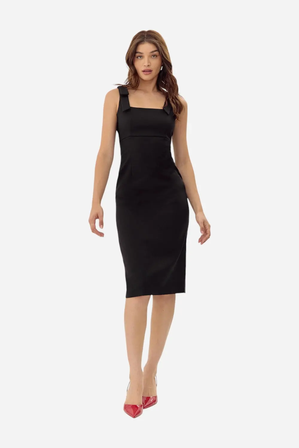 Adelyn Rae Karissa Shoulder Tie Crepe Midi Dress In Black 1