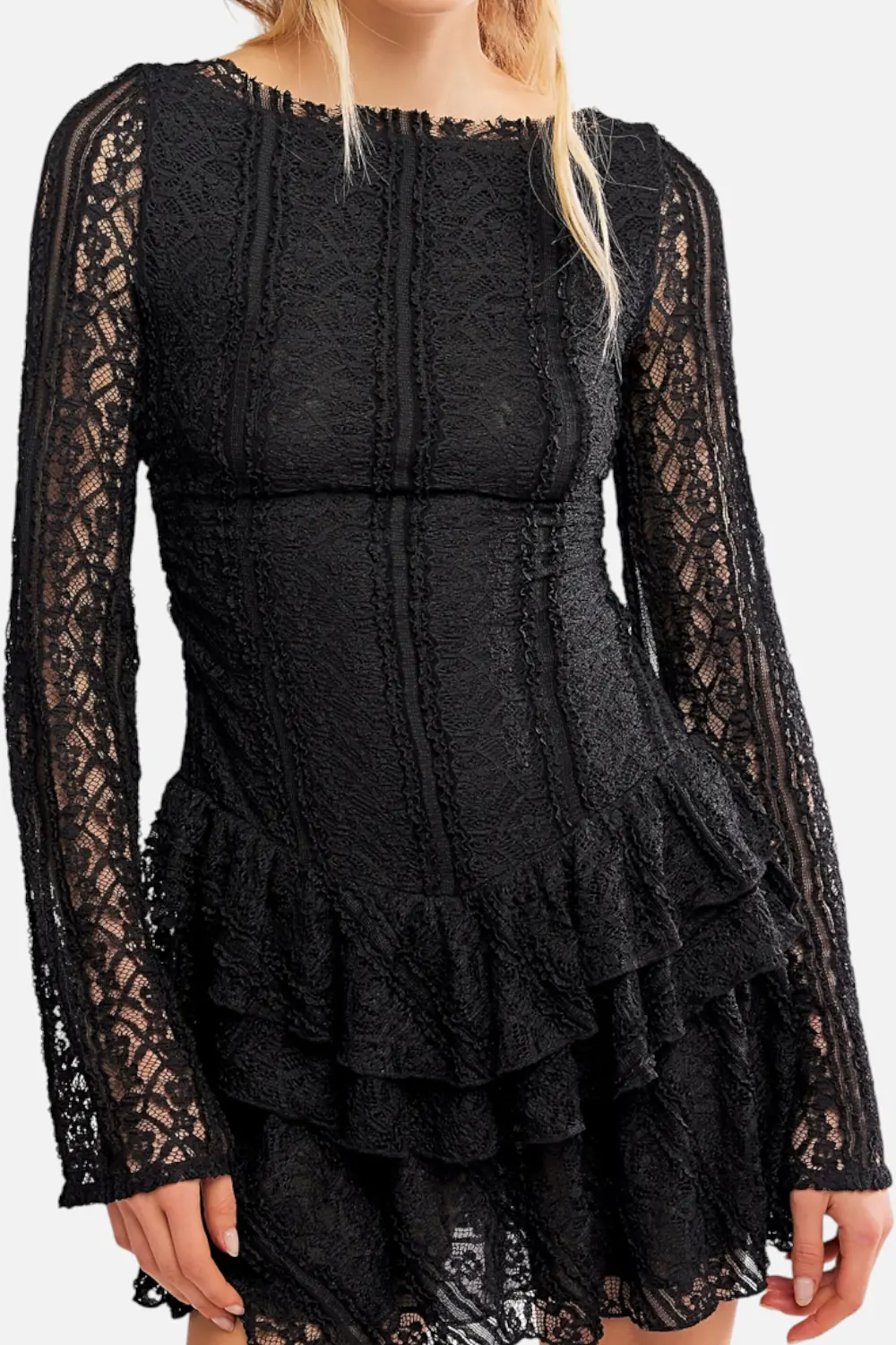 Free People Women's Tabby Lace Long Sleeve Mini Dress In Black 1