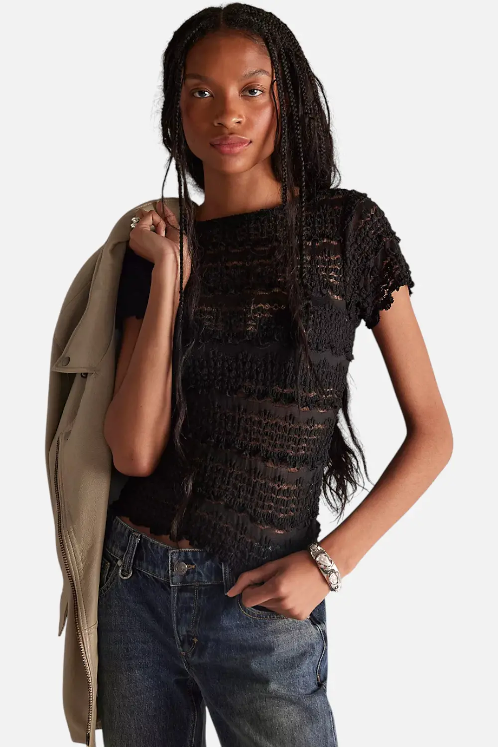 Free People Women's Angelina Lace Tee In Black 1