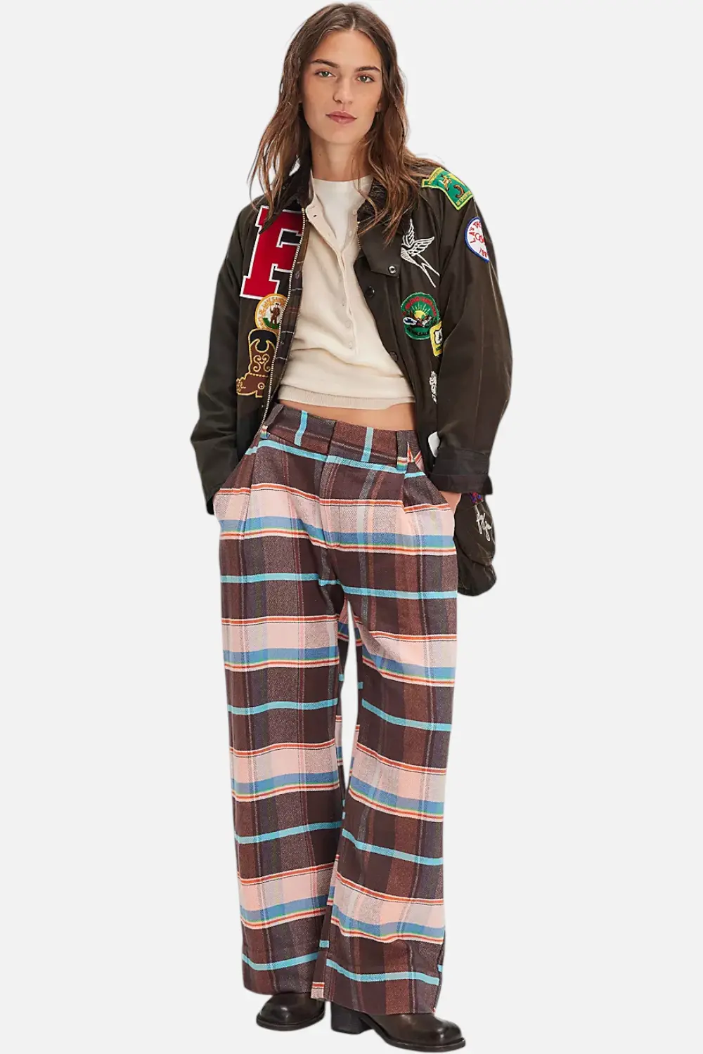 Free People Buckle Back Plaid Trouser Brown Combo 1