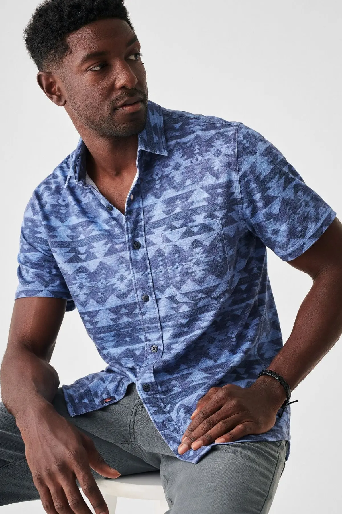 Faherty Doug Good Feather Short Sleeve Knit Seasons Shirt In Six Rivers Sky 1