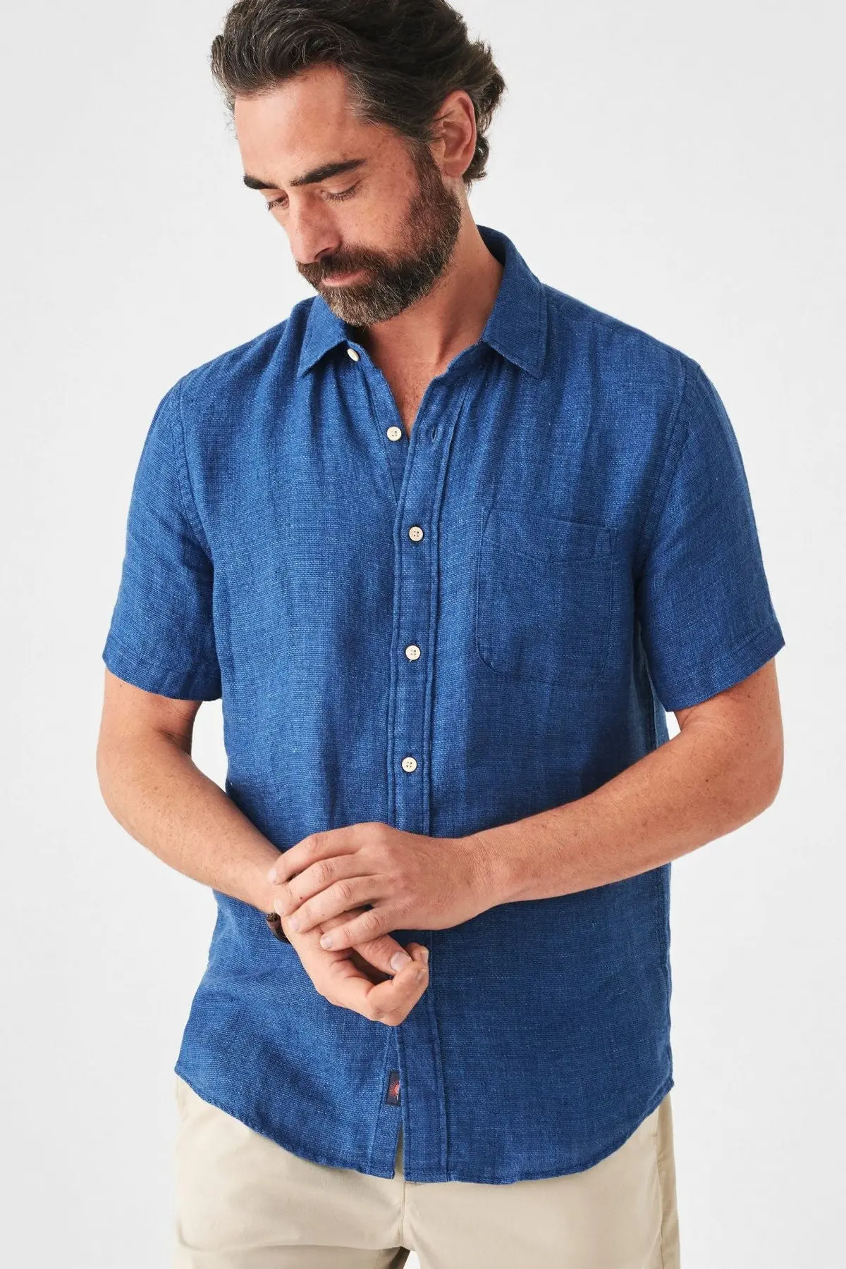Faherty Short Sleeve Linen Laguna Shirt In Indigo Basketweave 1