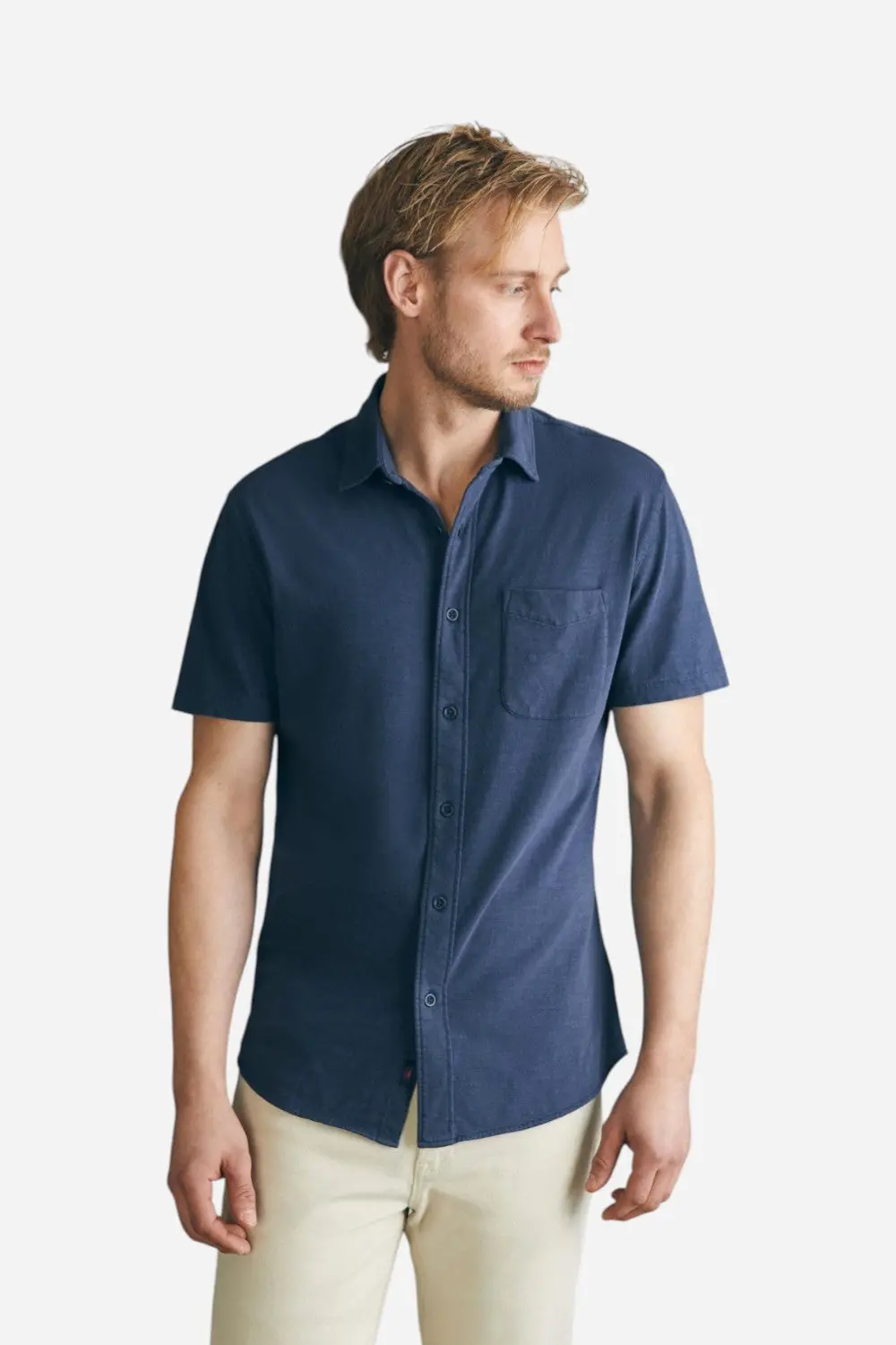Faherty Short-Sleeve Sunwashed Knit Shirt (Single Pocket) In Dune Navy 1