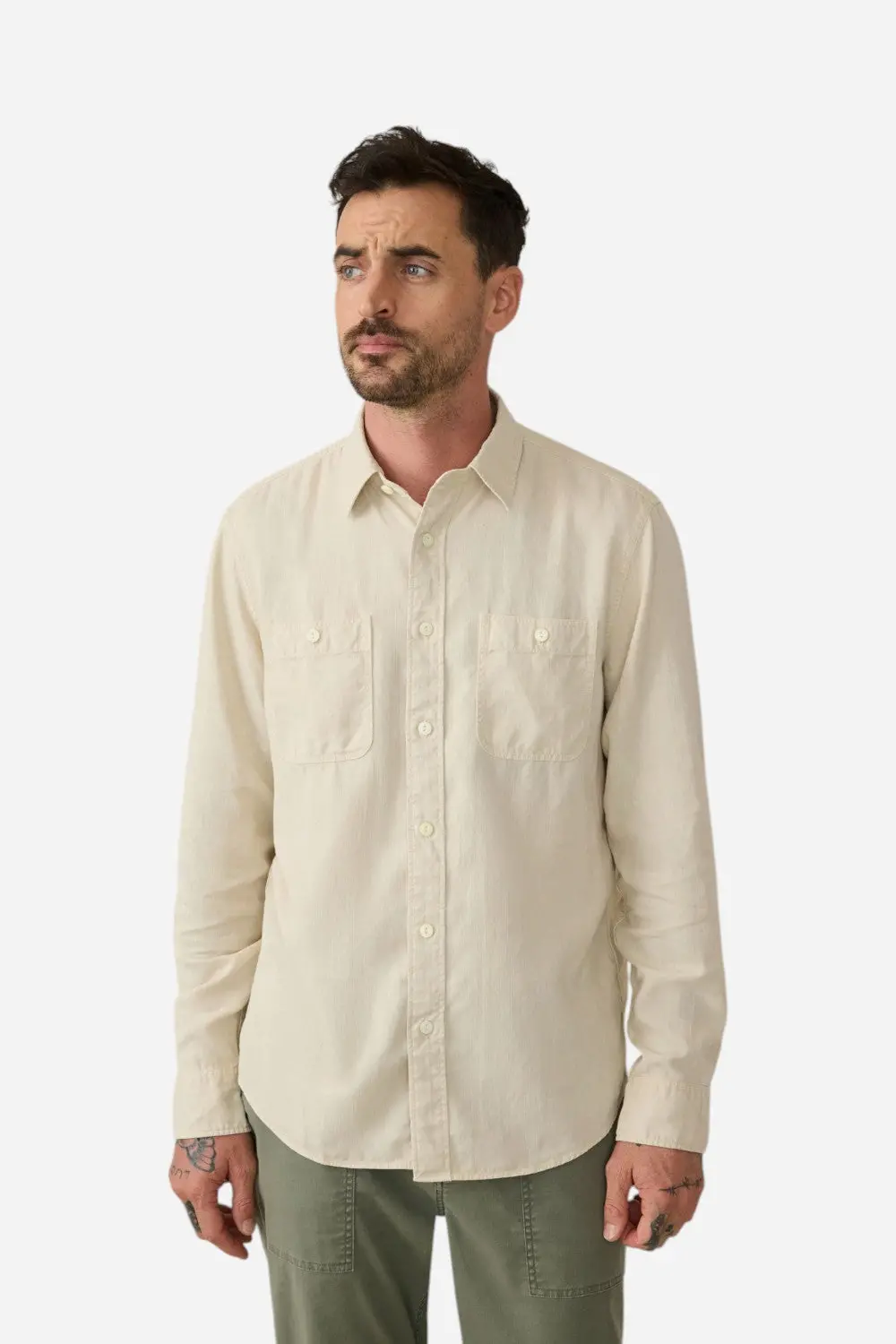Faherty Tried & True Chambray Workshirt In Coastal Cream 1