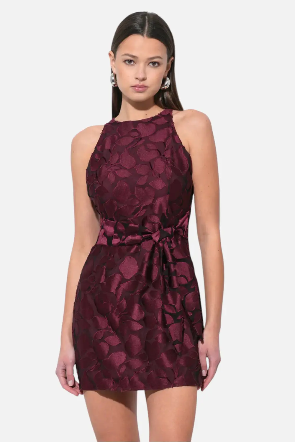 Adelyn Rae Falini Velvet Burnout Tie Front Mini Dress In Wine 1