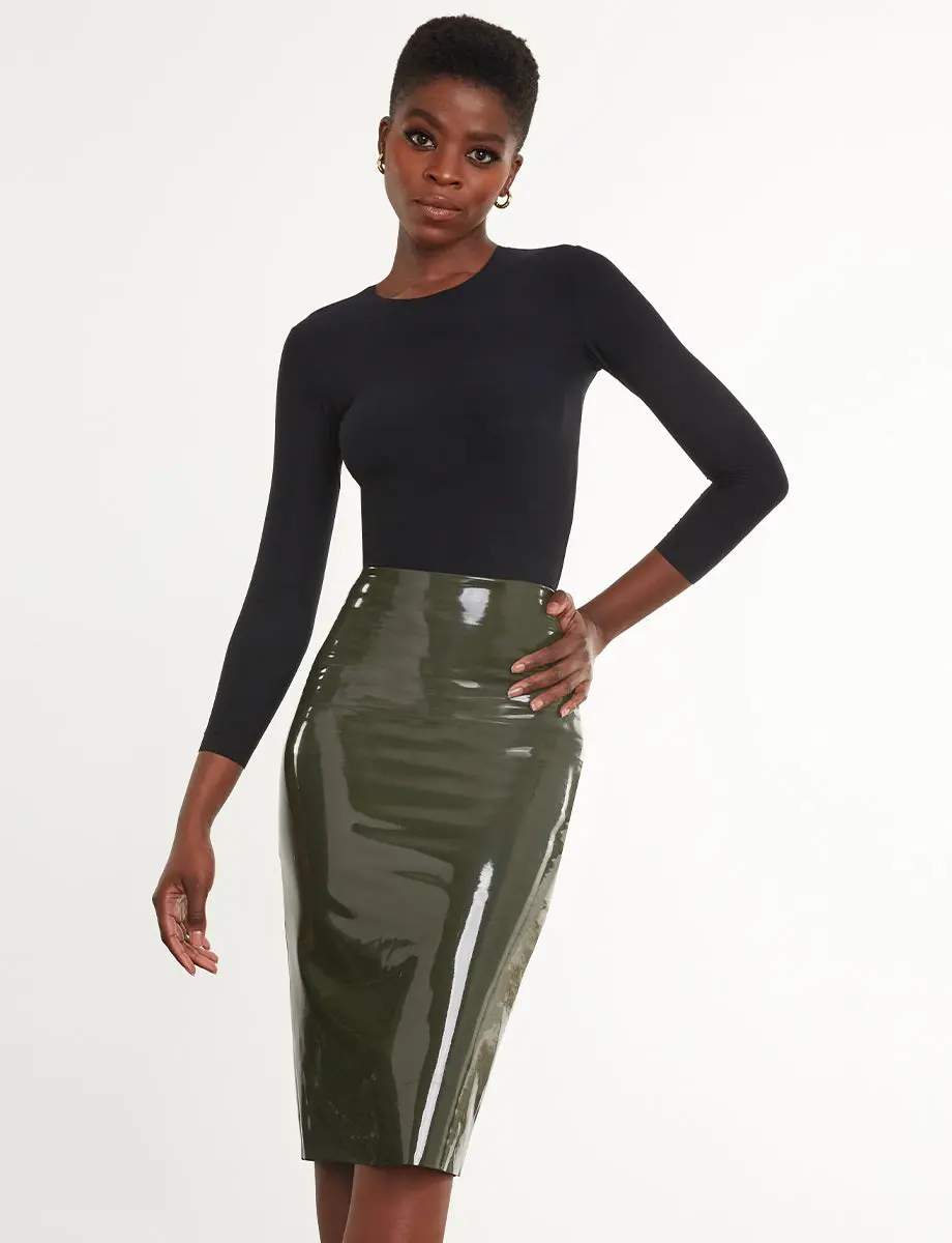 Faux Patent Leather Midi Skirt In Olive 1