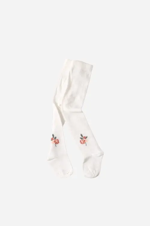 Viverano Fine Knit Baby Girl Tights In Soft White Floral 1
