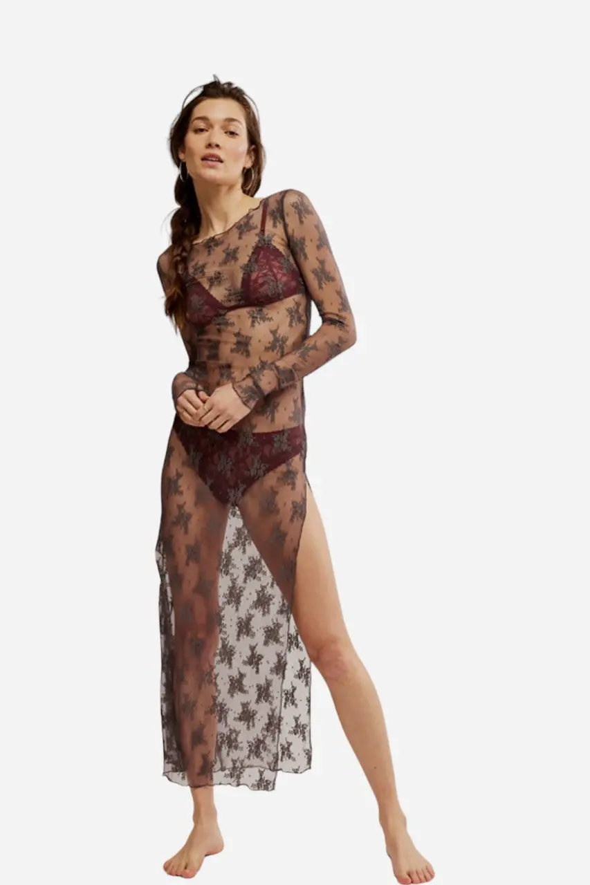 Free People Lady Lux Maxi Lace Slip Dress In Dark Gull Grey 1